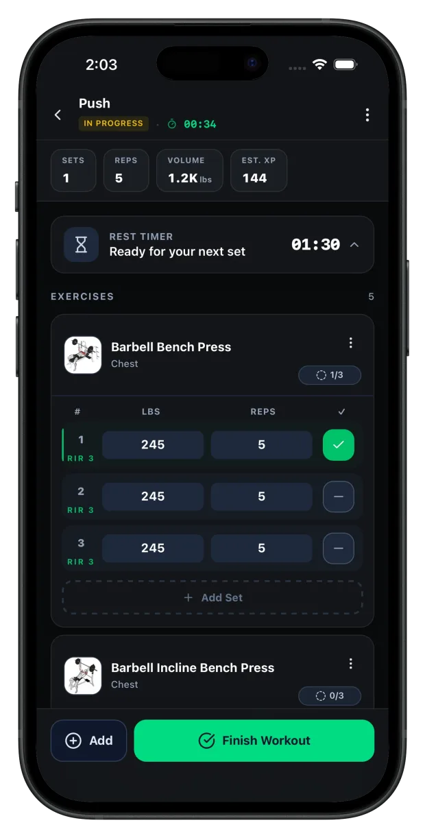 Repvia workout screen with sets, weights, reps, and a rest timer