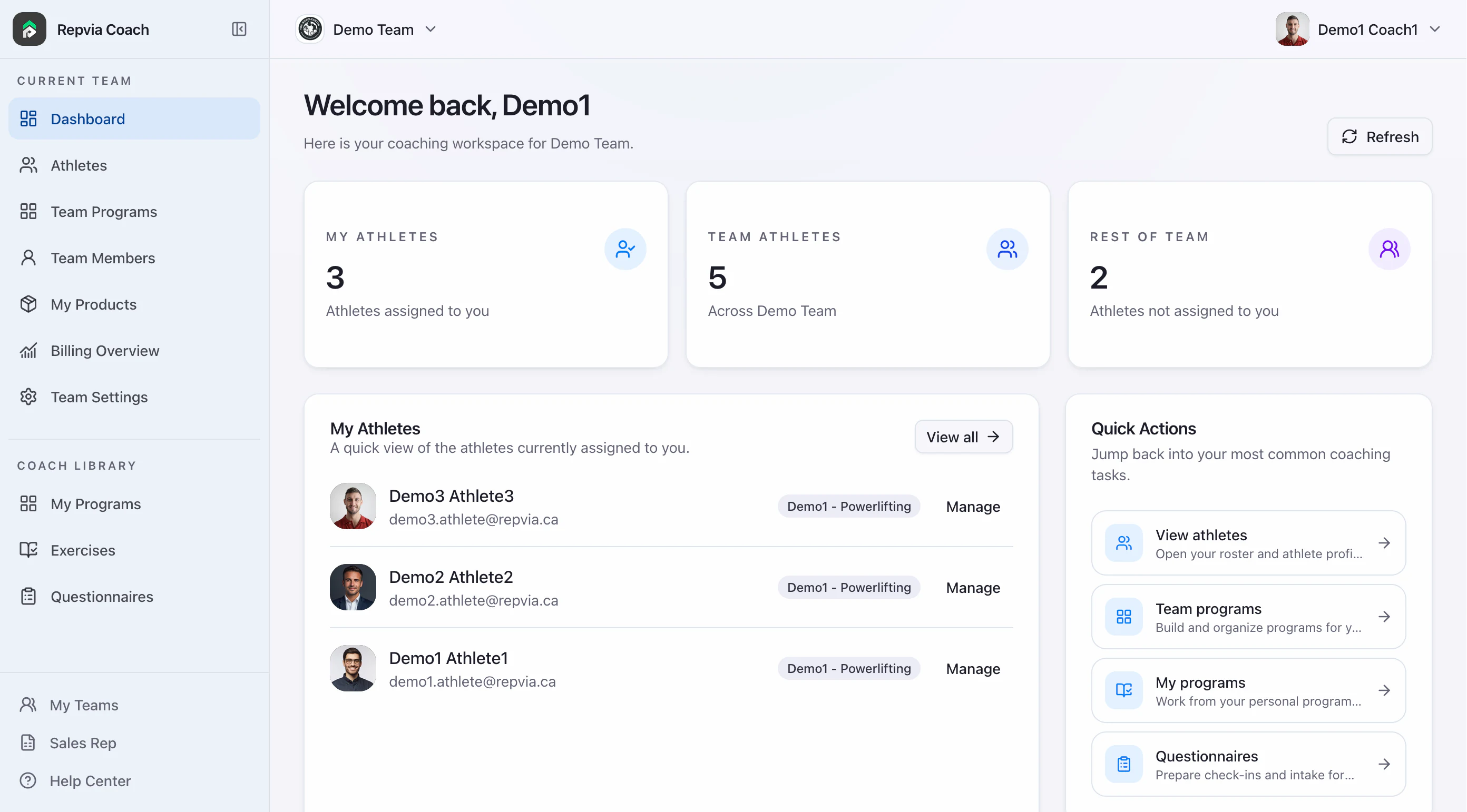 Repvia Coach dashboard with athlete counts, roster, and coaching shortcuts