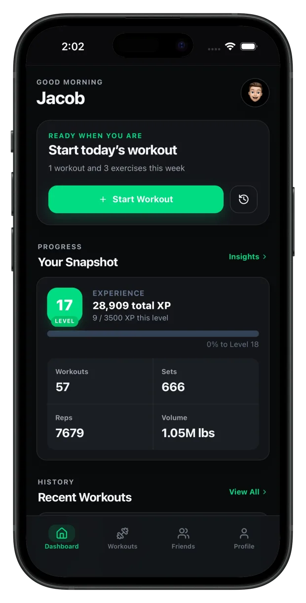 Repvia dashboard showing workout stats, XP, and recent activity